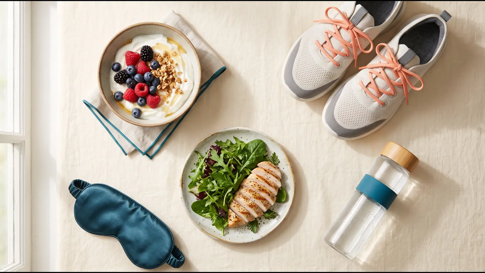 Flat-lay of everyday healthy-routine items: a yogurt bowl with berries and granola, a salad with grilled chicken, walking sneakers, a water bottle, and a sleep mask on a cream linen cloth