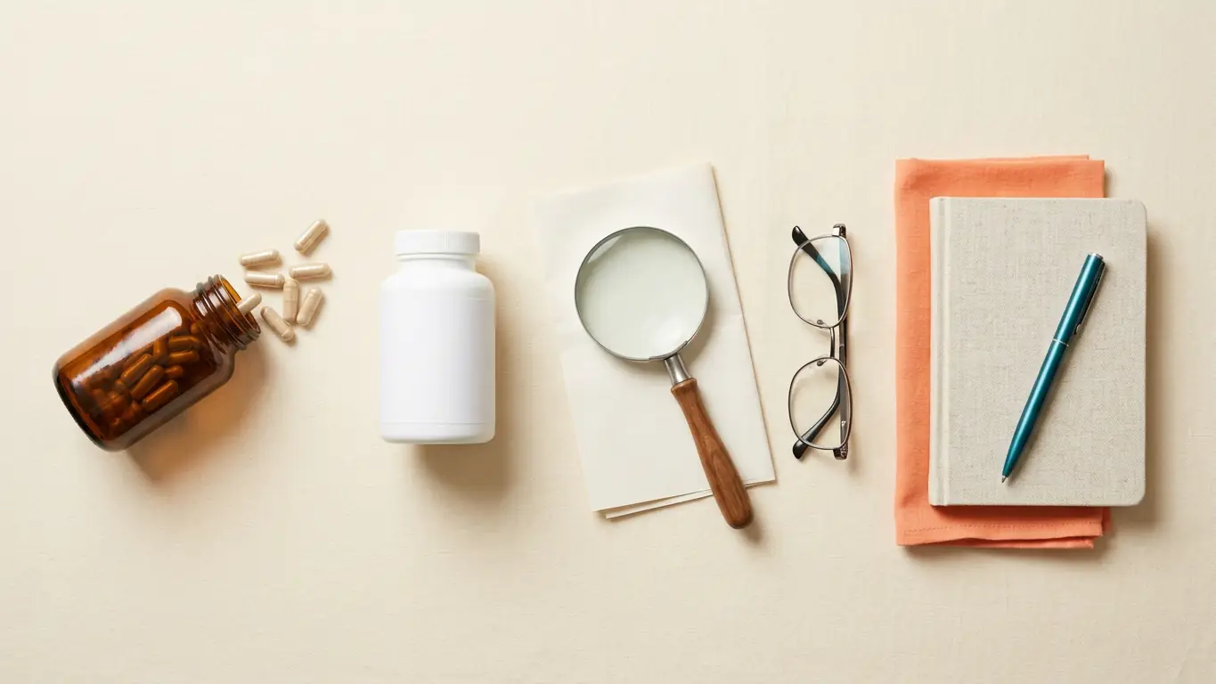 Flat-lay of supplement evaluation items: an amber bottle with capsules, a blank white bottle, a magnifying glass over a folded leaflet, reading glasses, and a notebook with a teal pen