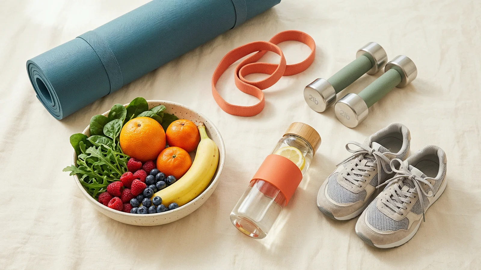 Everyday joint mobility routine: yoga mat, light dumbbells, resistance band, water bottle, fresh fruit, and walking shoes