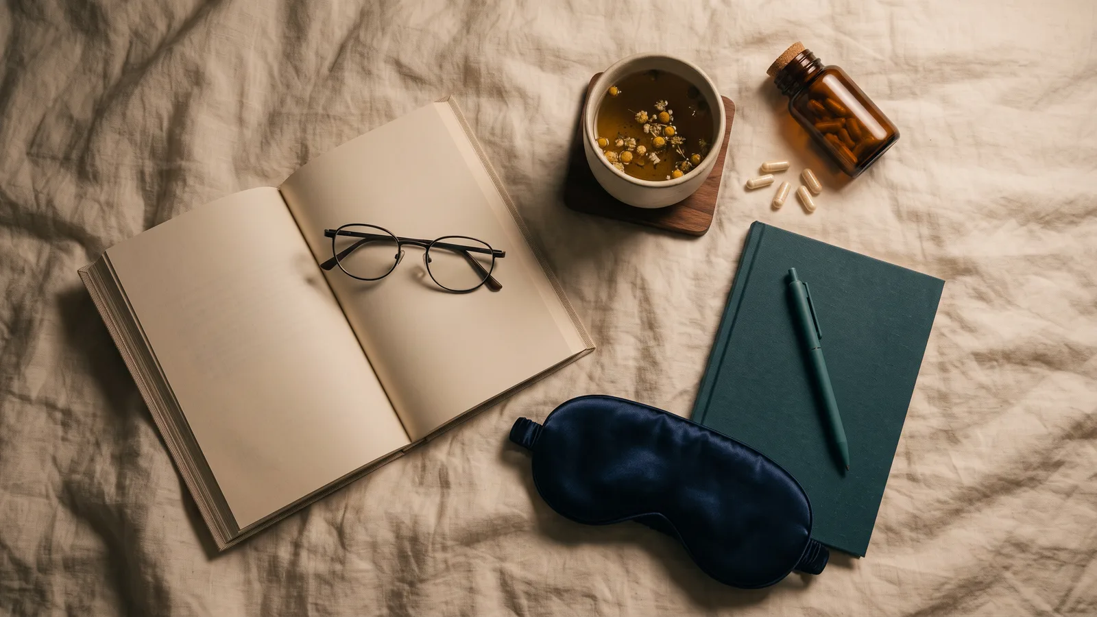 Evening wind-down flat-lay: an open book with reading glasses, a navy sleep mask, chamomile tea, an amber supplement bottle with capsules, and a teal notebook with a pen on linen bedding