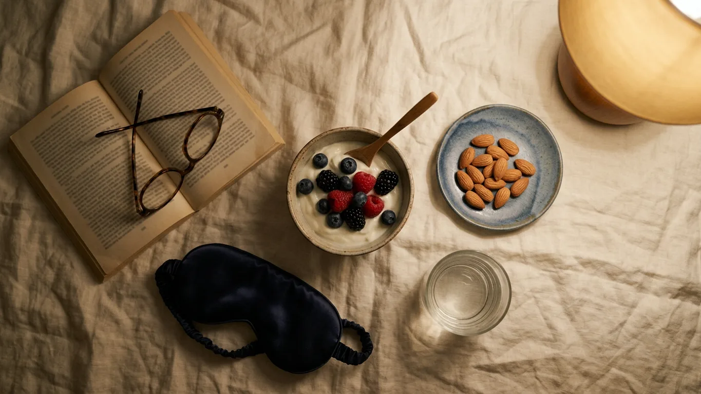 Flat-lay of a nighttime routine on cream linen: an open book with reading glasses, a bowl of yogurt with berries, a small plate of almonds, a glass of water, a navy sleep mask, and a warm bedside lamp