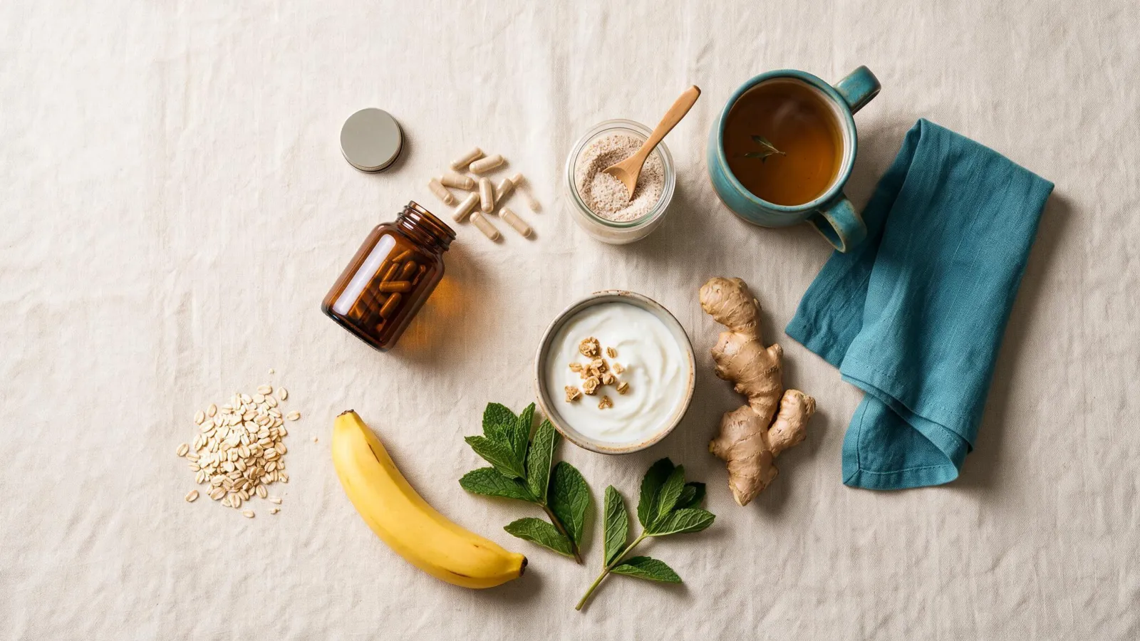 Flat-lay of digestive comfort items: an amber bottle with capsules, a jar of fiber powder with a wooden spoon, a bowl of yogurt topped with granola, fresh ginger root, mint leaves, a banana, rolled oats, and a teal mug of tea on cream linen